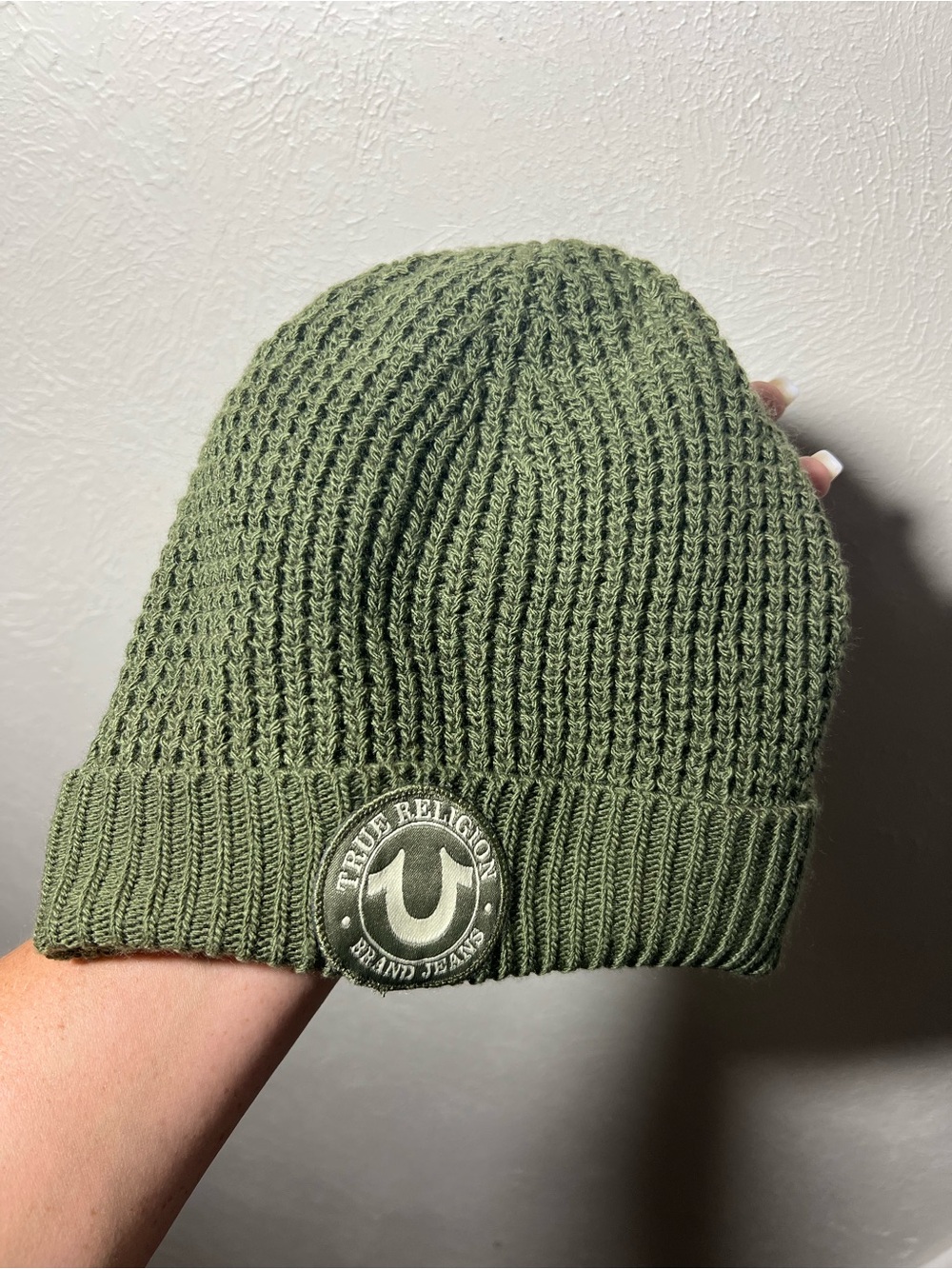 True Religion Olive Knit Cuffed Beanie with Logo Patch